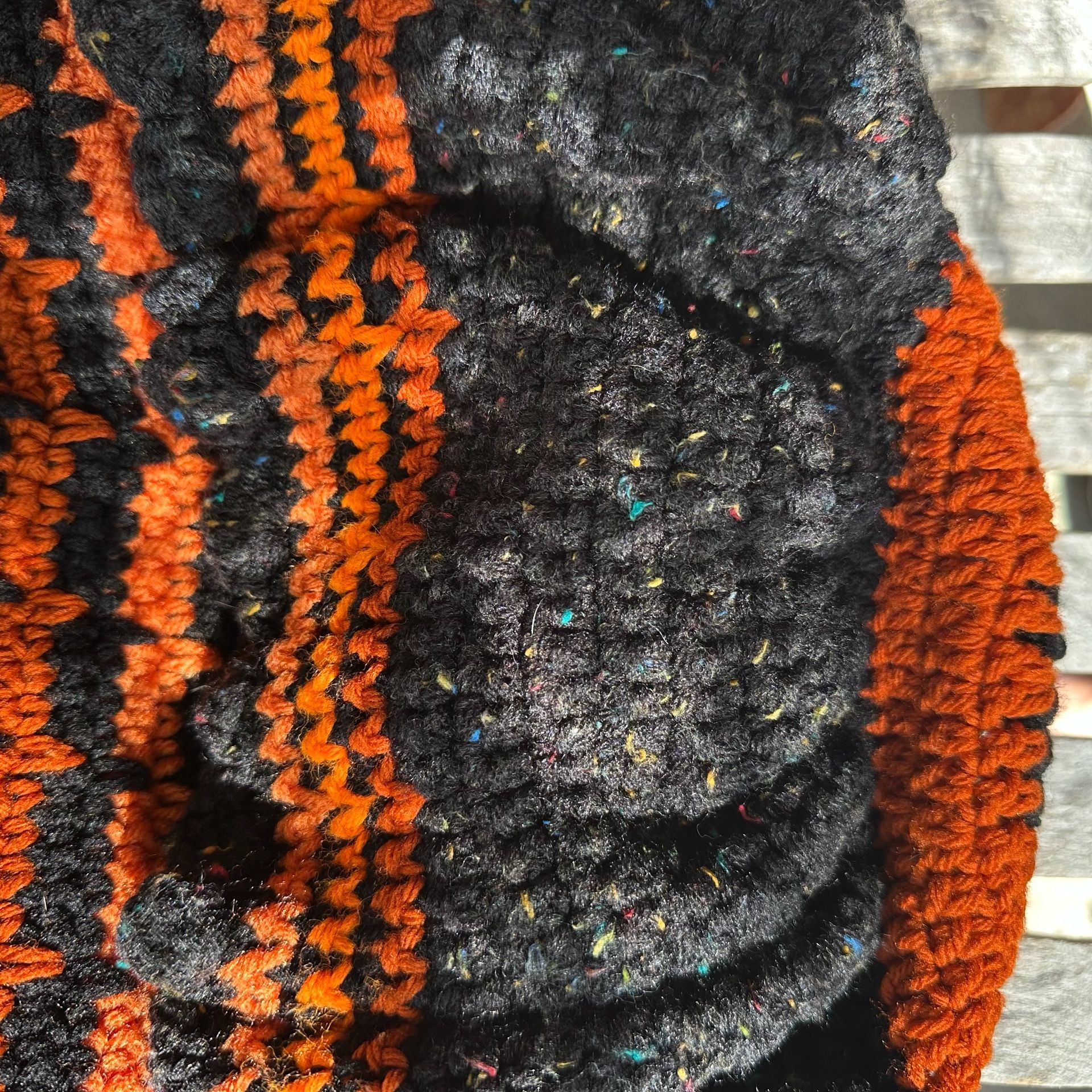 Vintage Handmade Crochet Black And Orange Striped Spooky Drawstring Bag 10