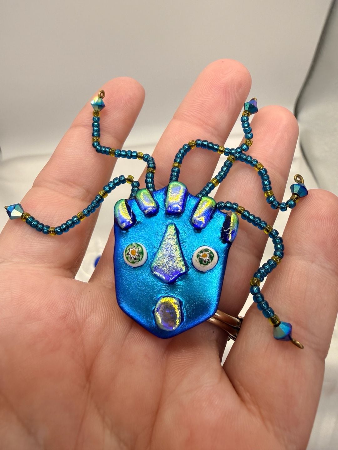 Blue Art Glass Beaded Zany Face Pin Brooch 2