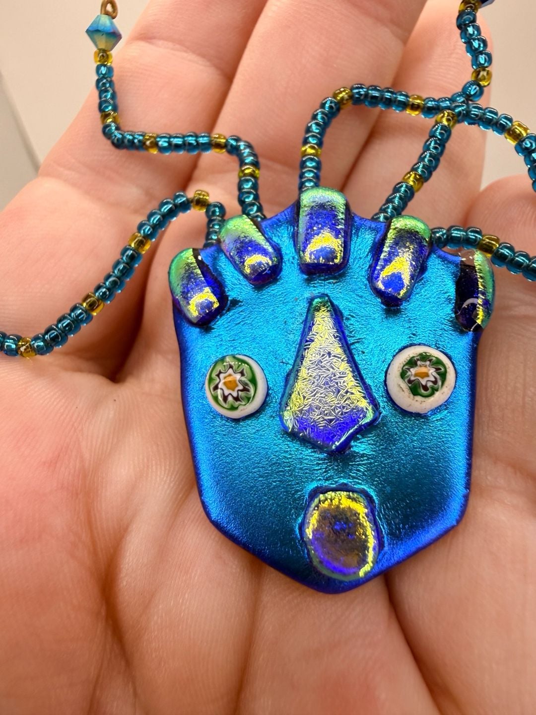 Blue Art Glass Beaded Zany Face Pin Brooch 3