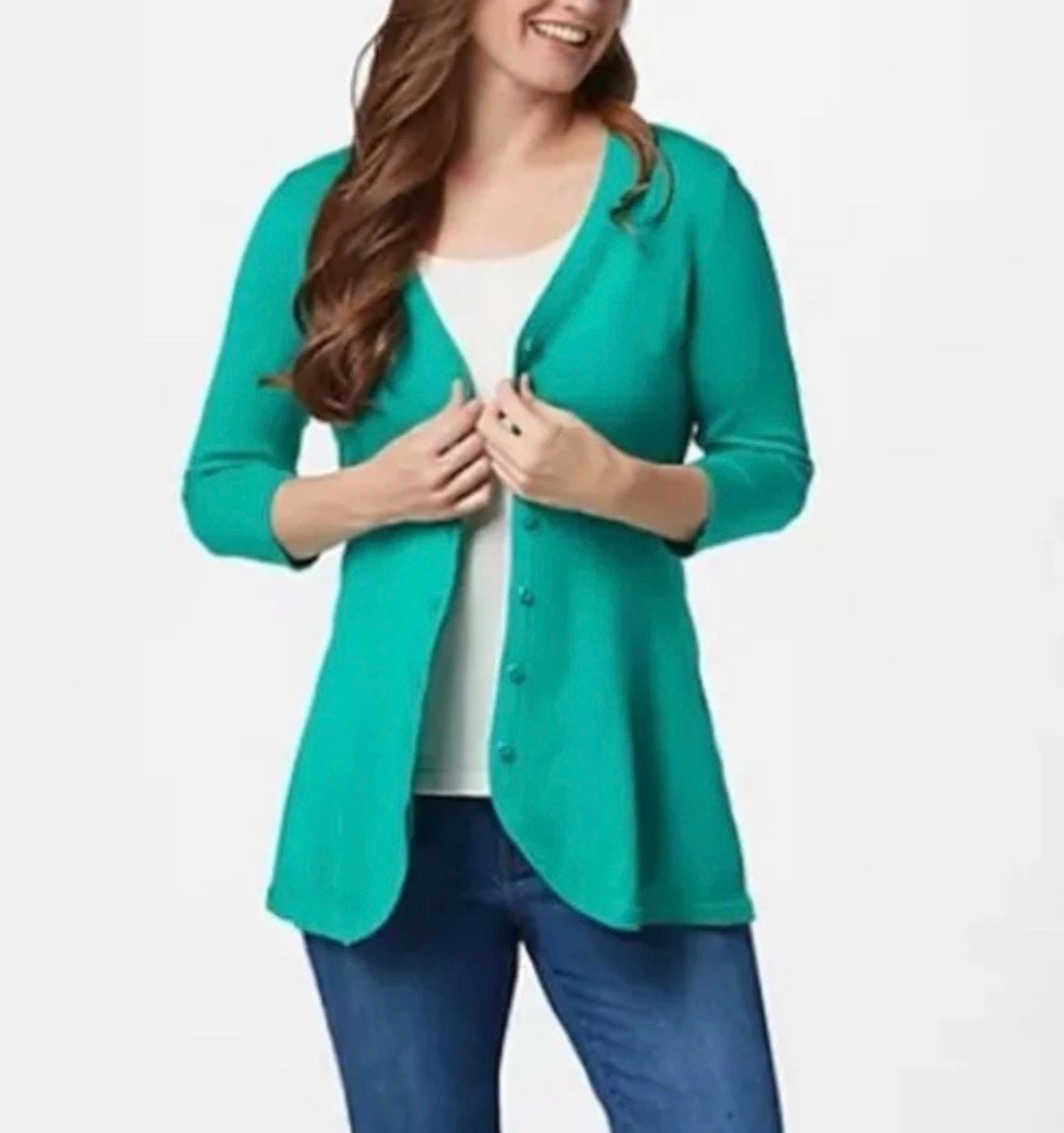 Isaac Mizrahi Cardigan Size S Teal Green Button Front Sweater 2