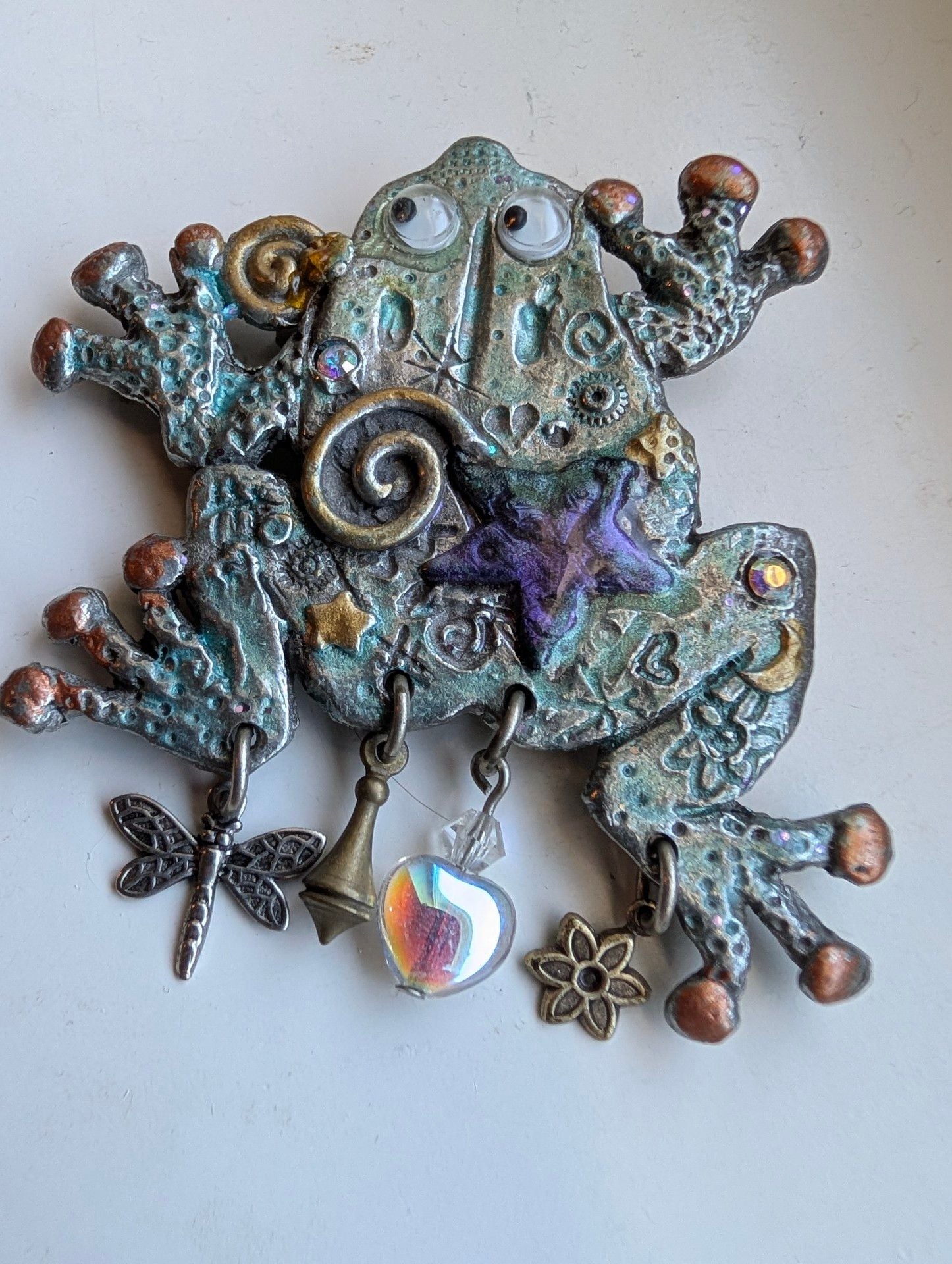 Nanette Frog Brooch Vintage Metal Dangle Charms 2