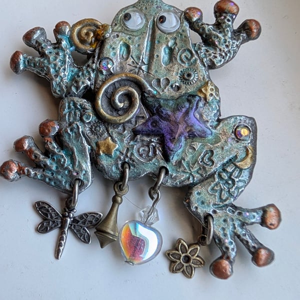 Nanette Frog Brooch Vintage Metal Dangle Charms