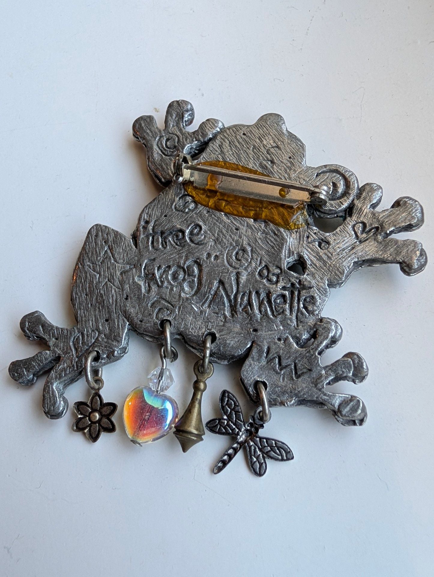 Nanette Frog Brooch Vintage Metal Dangle Charms 3