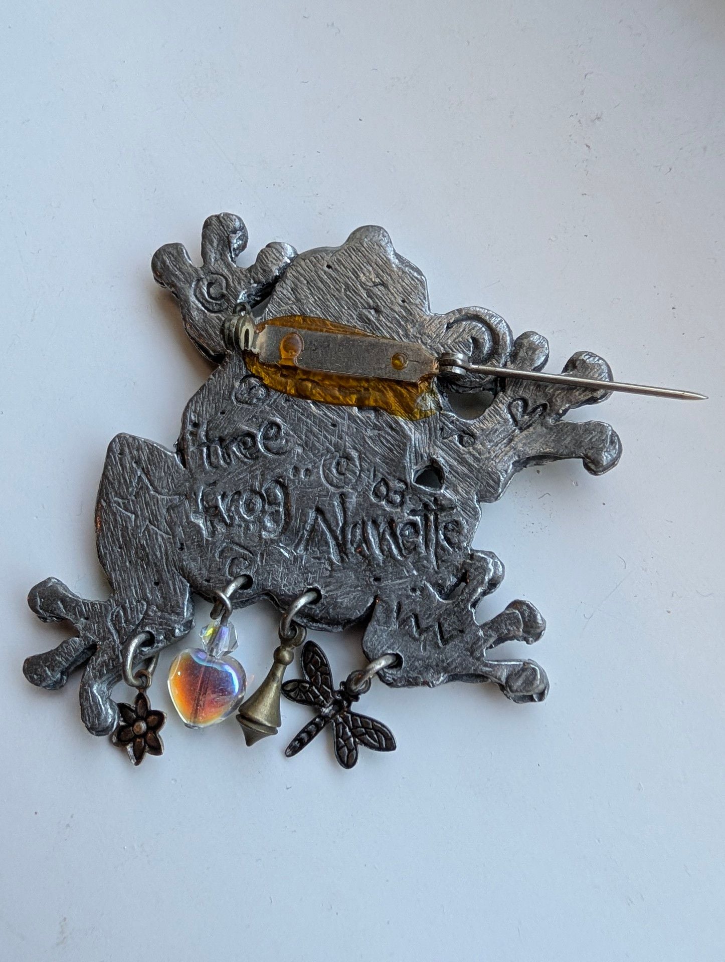 Nanette Frog Brooch Vintage Metal Dangle Charms 4
