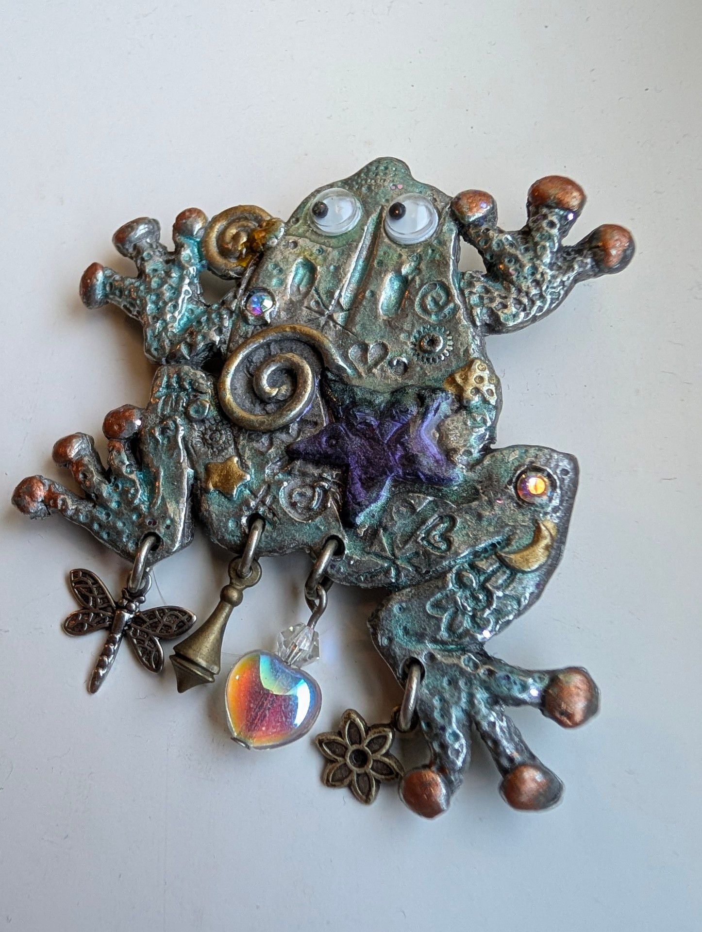 Nanette Frog Brooch Vintage Metal Dangle Charms 6