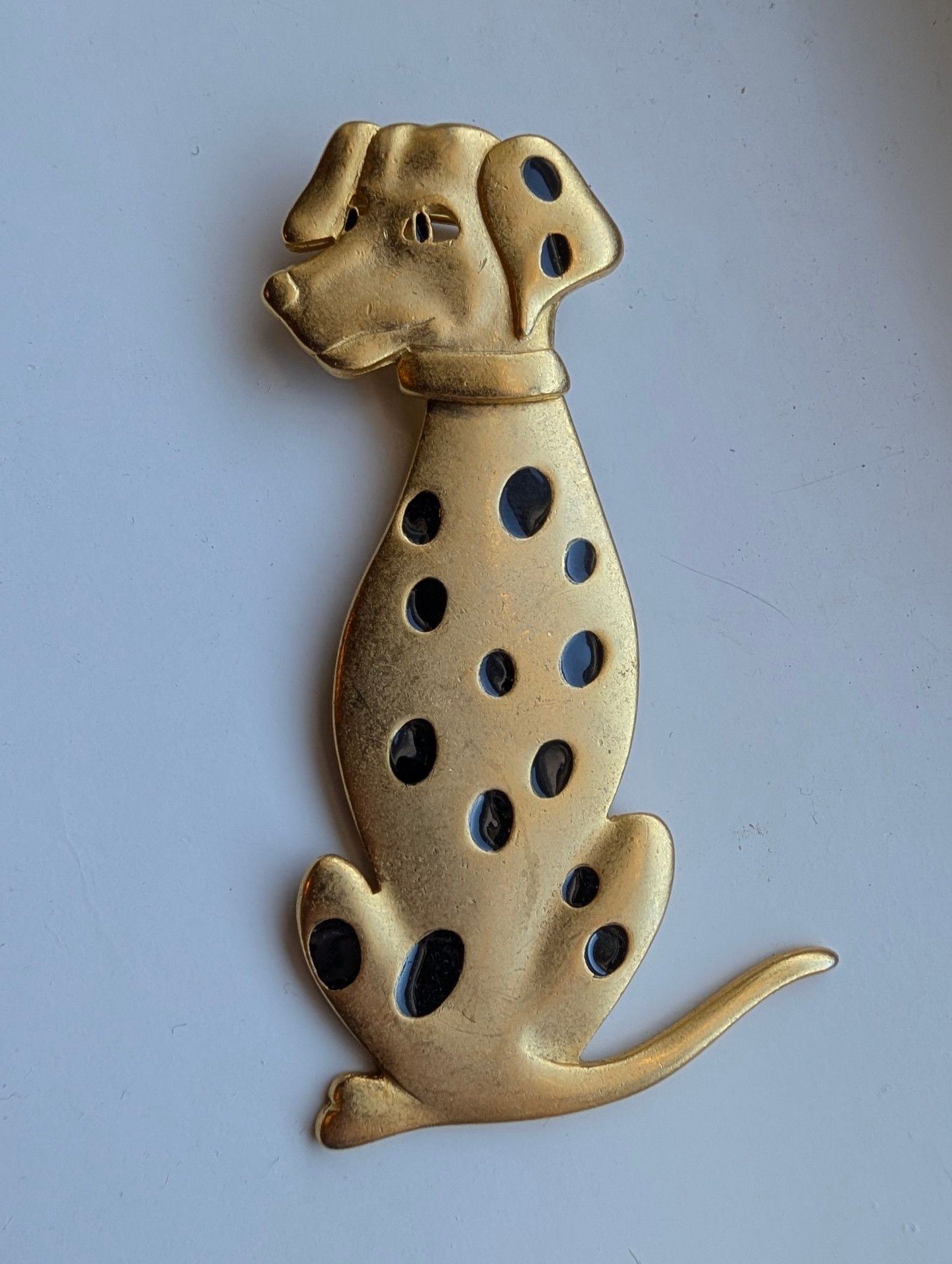 Vintage Dog Brooch Dalmation Brushed Gold Tone Black Spots Articulated Head 3.5, 2