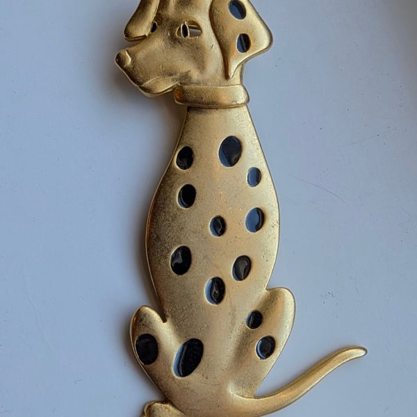 Vintage Dog Brooch Dalmation Brushed Gold Tone Black Spots Articulated Head 3.5,