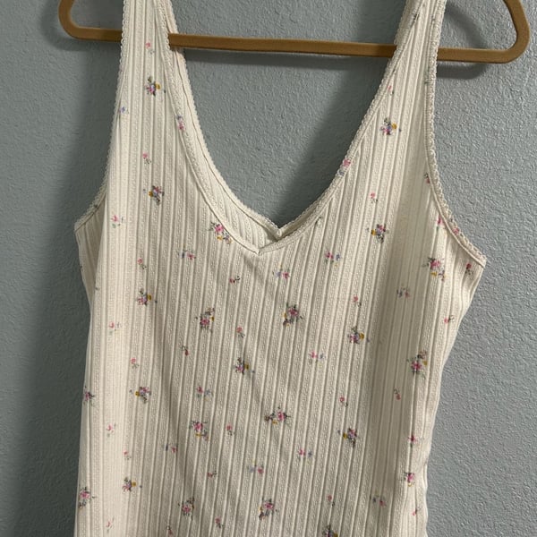 Universal Thread Lace Trim Pointelle Tank Top Size XL White Floral
