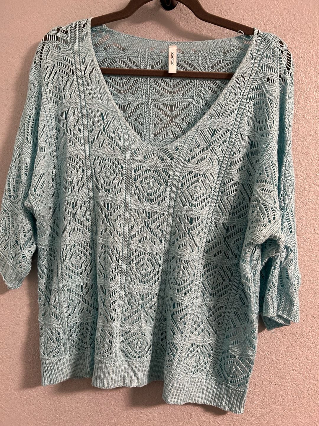Dokotoo Crochet Sweater Size XL Light Blue Hollow Out 3/4 Sleeve Top 2