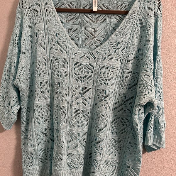 Dokotoo Crochet Sweater Size XL Light Blue Hollow Out 3/4 Sleeve Top