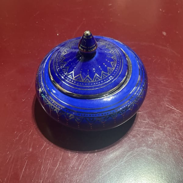Handmade Cobalt Blue Ceramic Trinket Jar With Silver Metallic Details