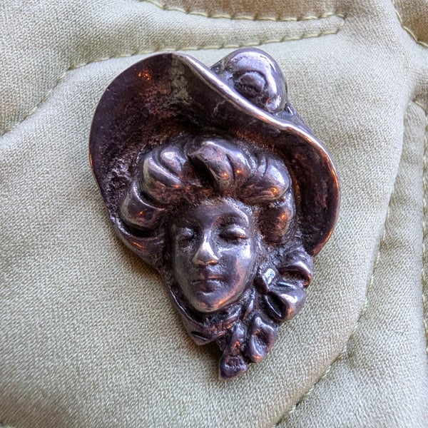 Art Nouveau Sterling Silver Gibson Girl Lady Face Hat Brooch Pin