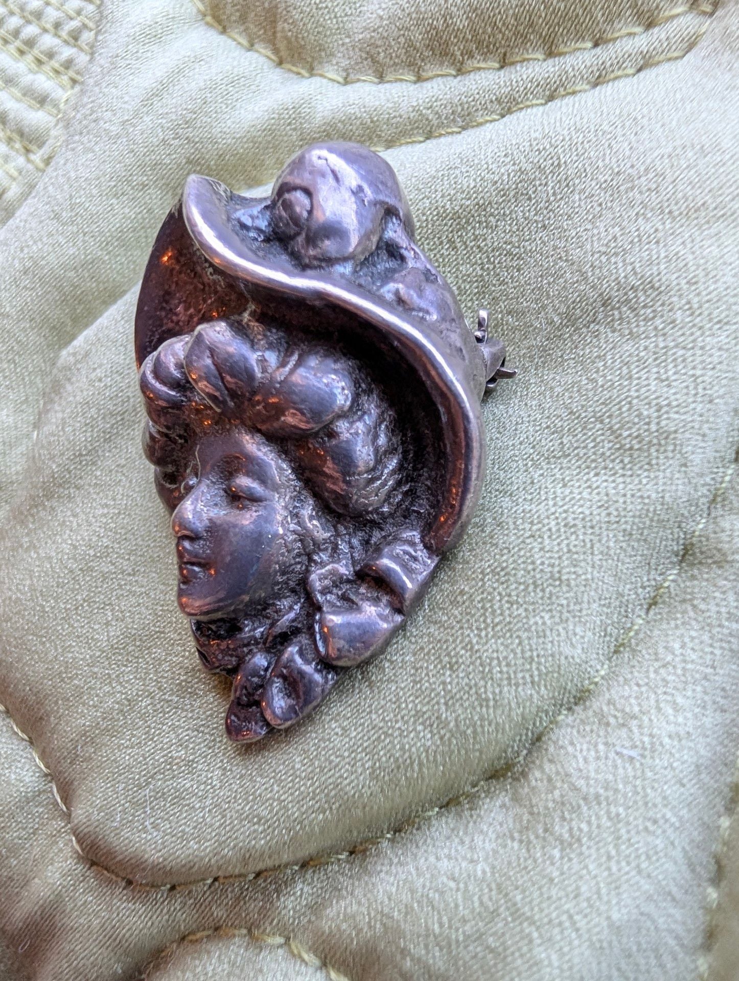 Art Nouveau Sterling Silver Gibson Girl Lady Face Hat Brooch Pin 3