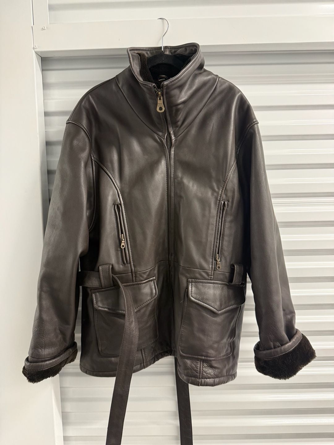 Leather Faux Fur Lined Jacket Brown Belted 2