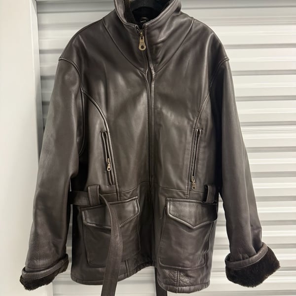 Leather Faux Fur Lined Jacket Brown Belted