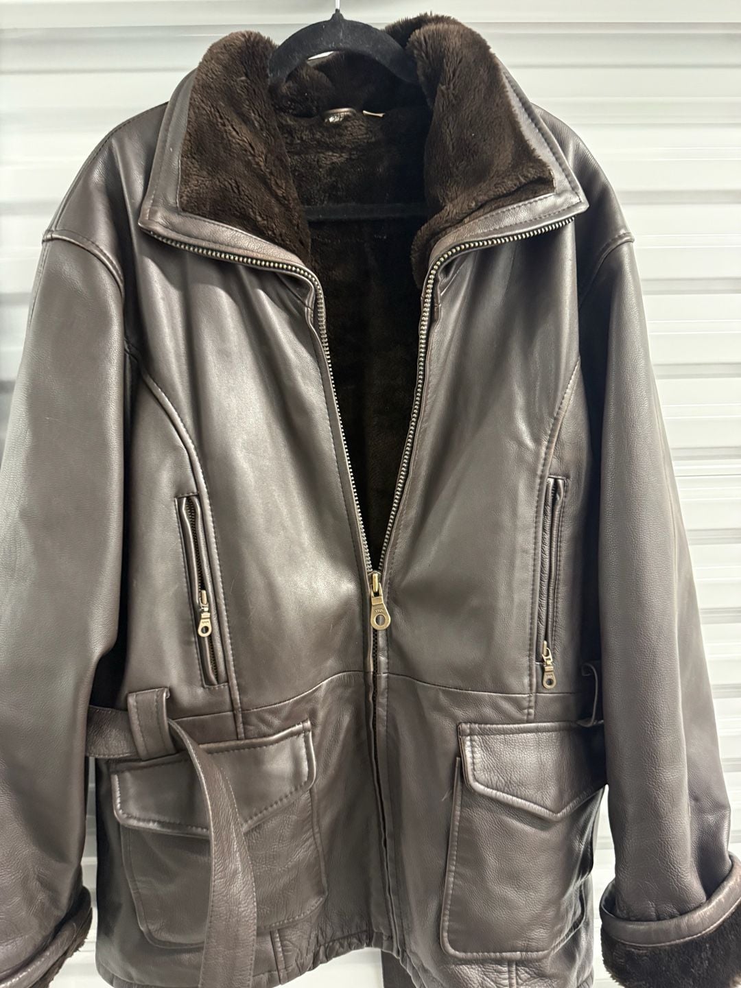 Leather Faux Fur Lined Jacket Brown Belted 3