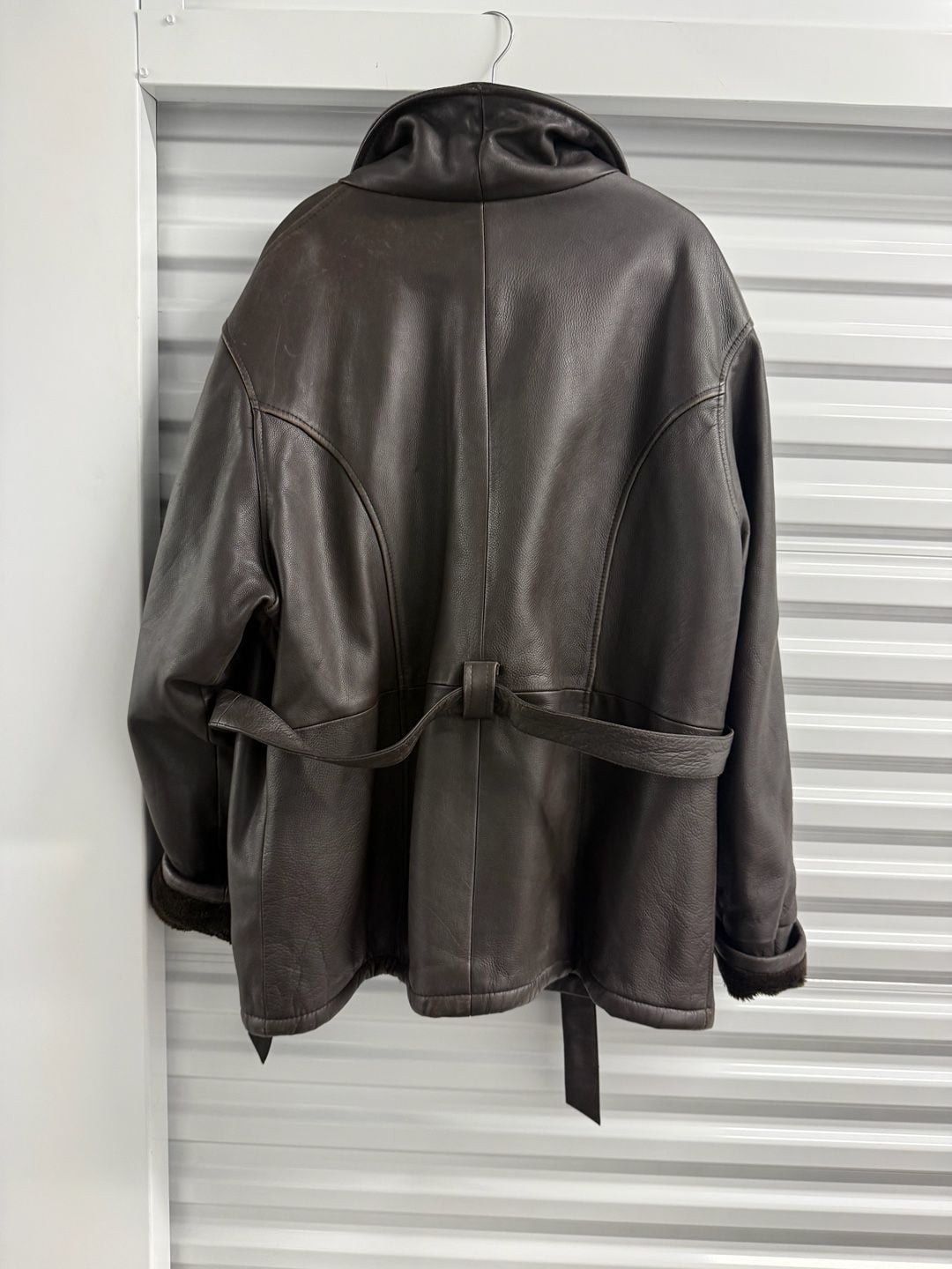 Leather Faux Fur Lined Jacket Brown Belted 4