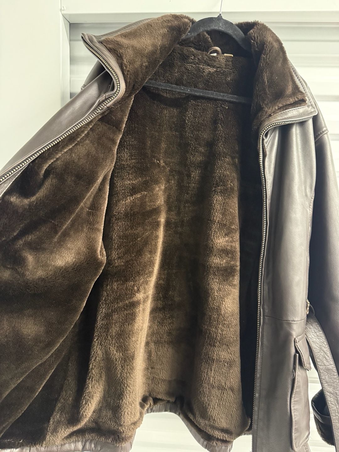 Leather Faux Fur Lined Jacket Brown Belted 5