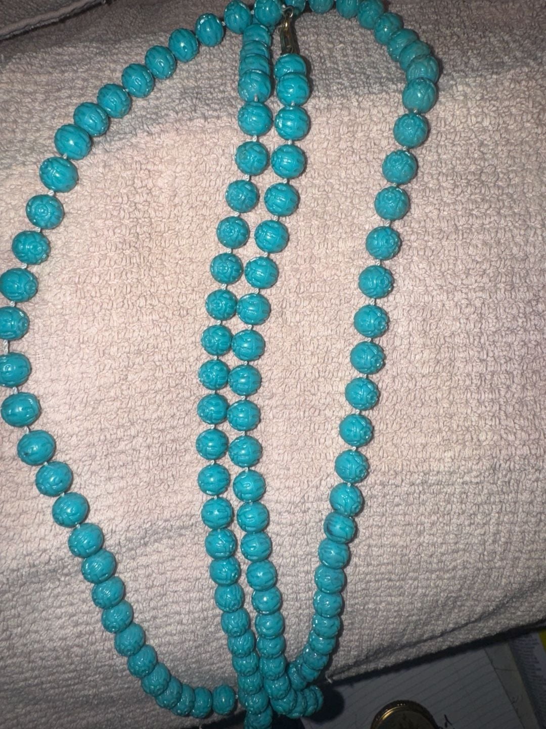 Vintage Carved Faux Turquoise Bead Necklace Blue Plastic 1