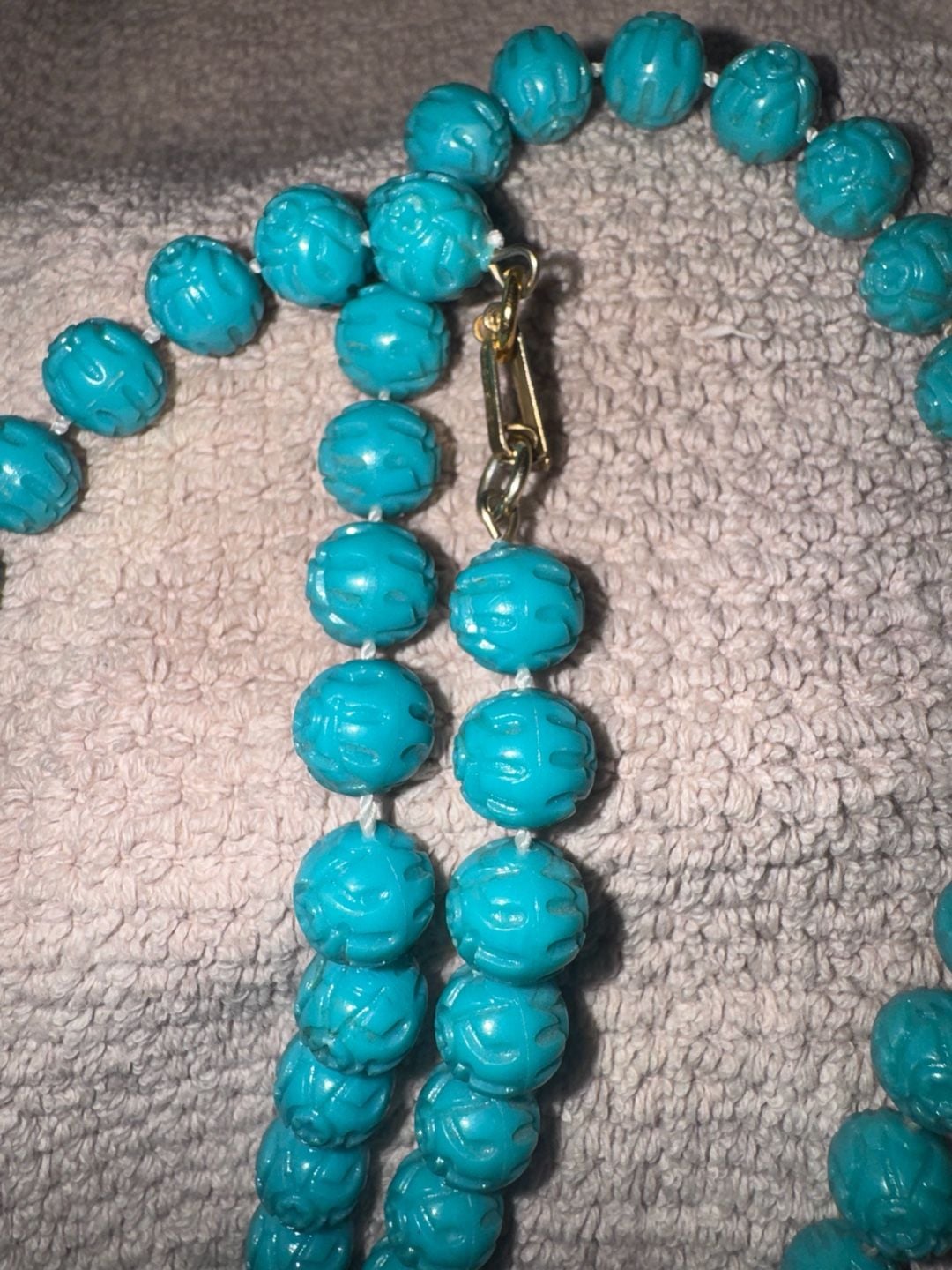 Vintage Carved Faux Turquoise Bead Necklace Blue Plastic 2