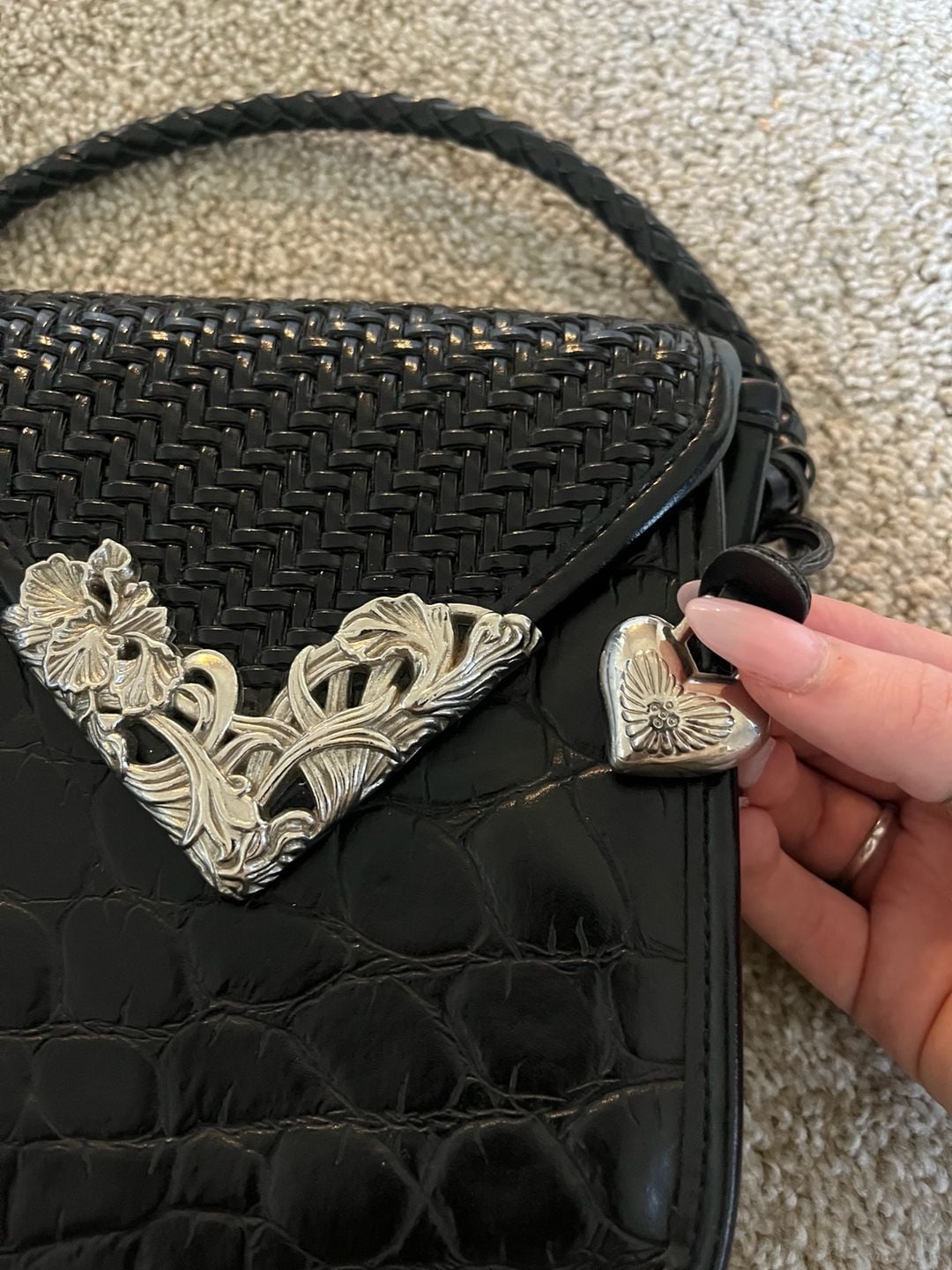 Brighton Black Leather Crossbody Bag Silver Heart Hardware 3