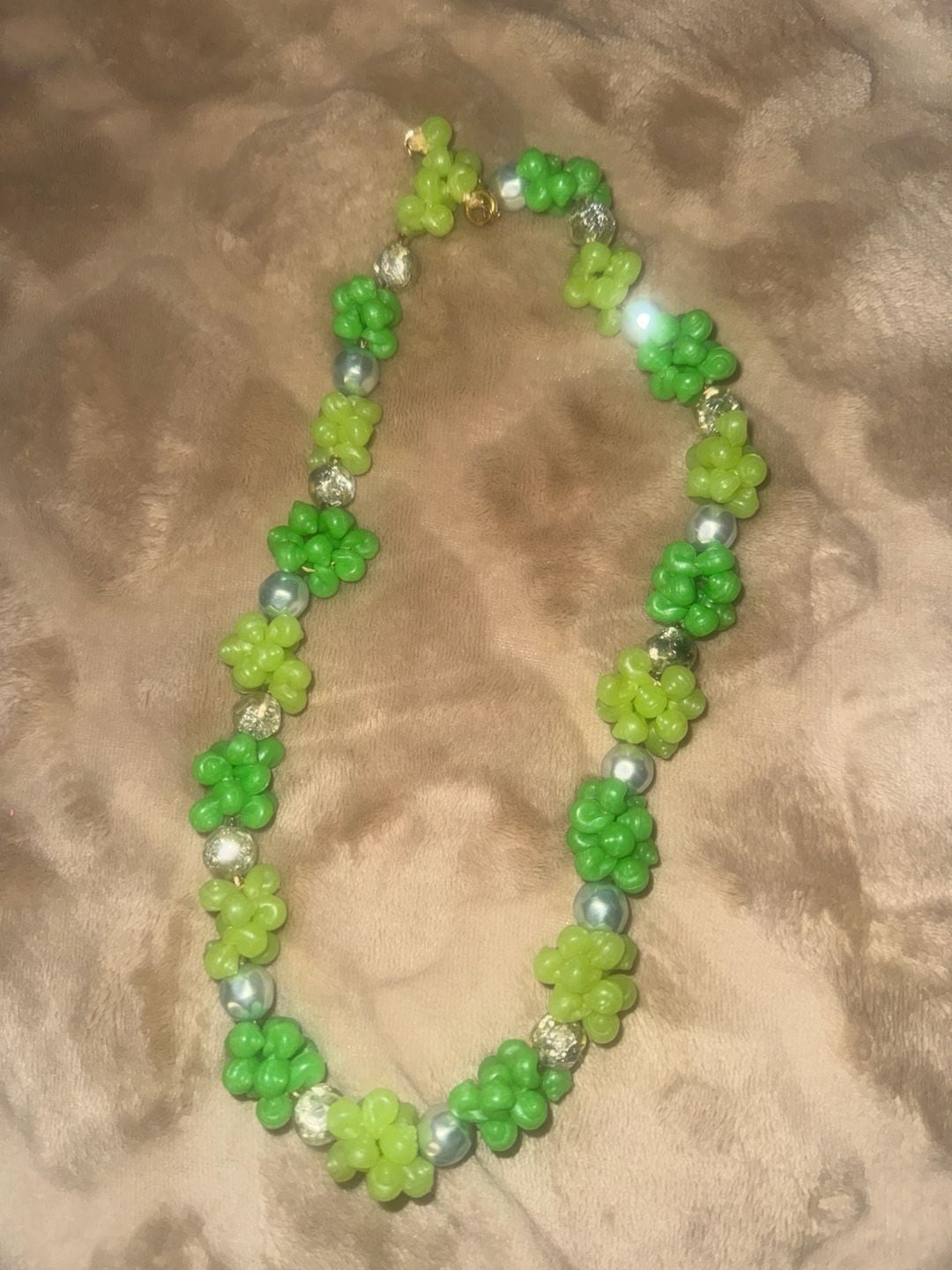 Handmade Green Floral Beaded Necklace Pearl and Crystal Accents 2