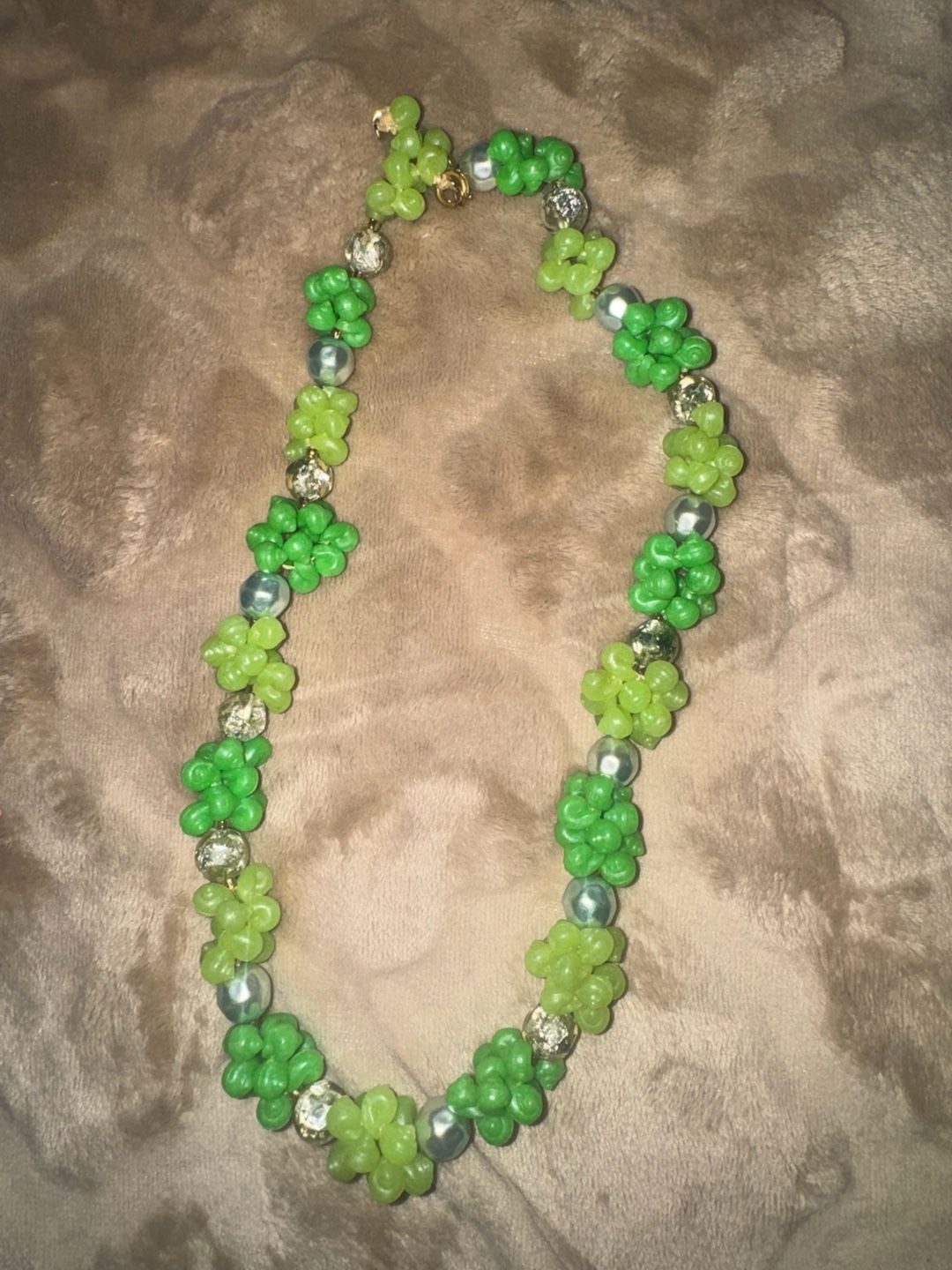 Handmade Green Floral Beaded Necklace Pearl and Crystal Accents 3