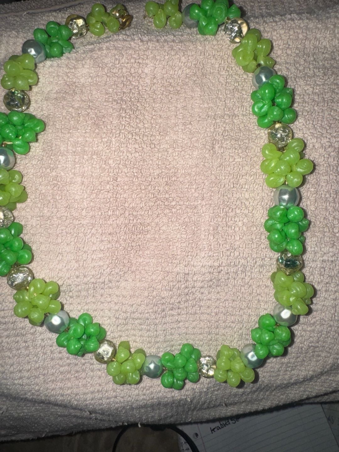 Handmade Green Floral Beaded Necklace Pearl and Crystal Accents 4