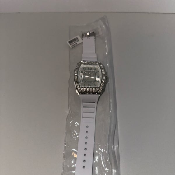 Techno Pave Quartz Watch White Silicone Iced Out Tonneau