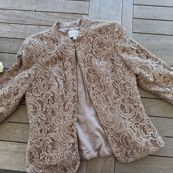 Azazie Lace Sequin Jacket Size A10 Champagne Taupe Open Front