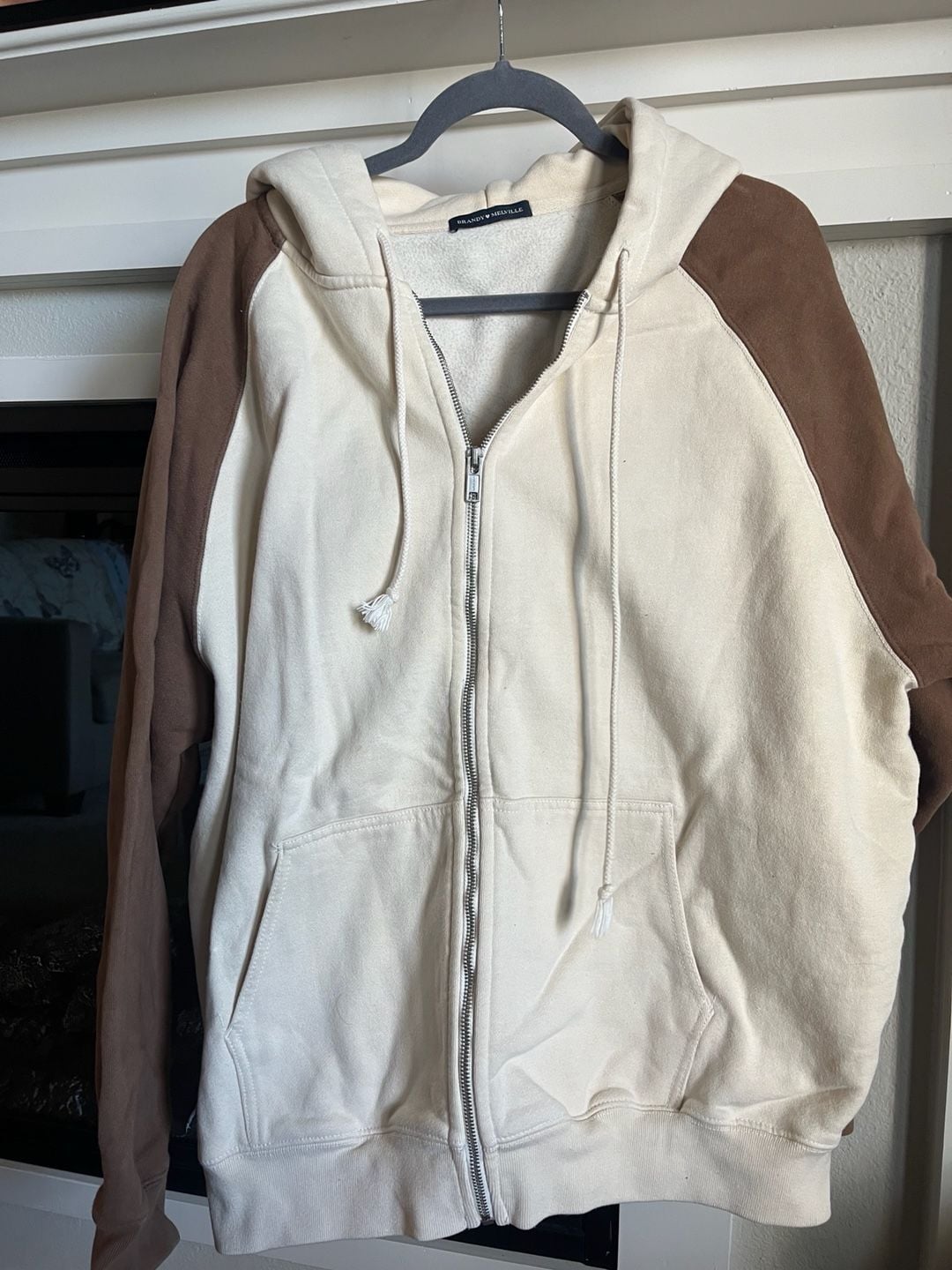 Brandy Melville Christy Colorblock Zip Up Hoodie Cream Brown 2