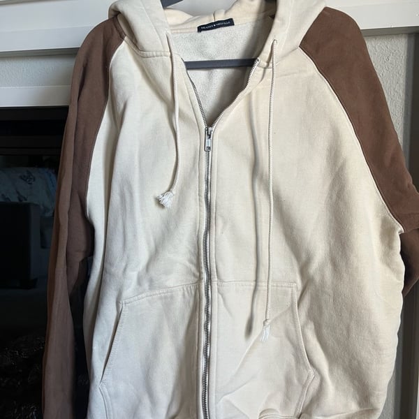 Brandy Melville Christy Colorblock Zip Up Hoodie Cream Brown