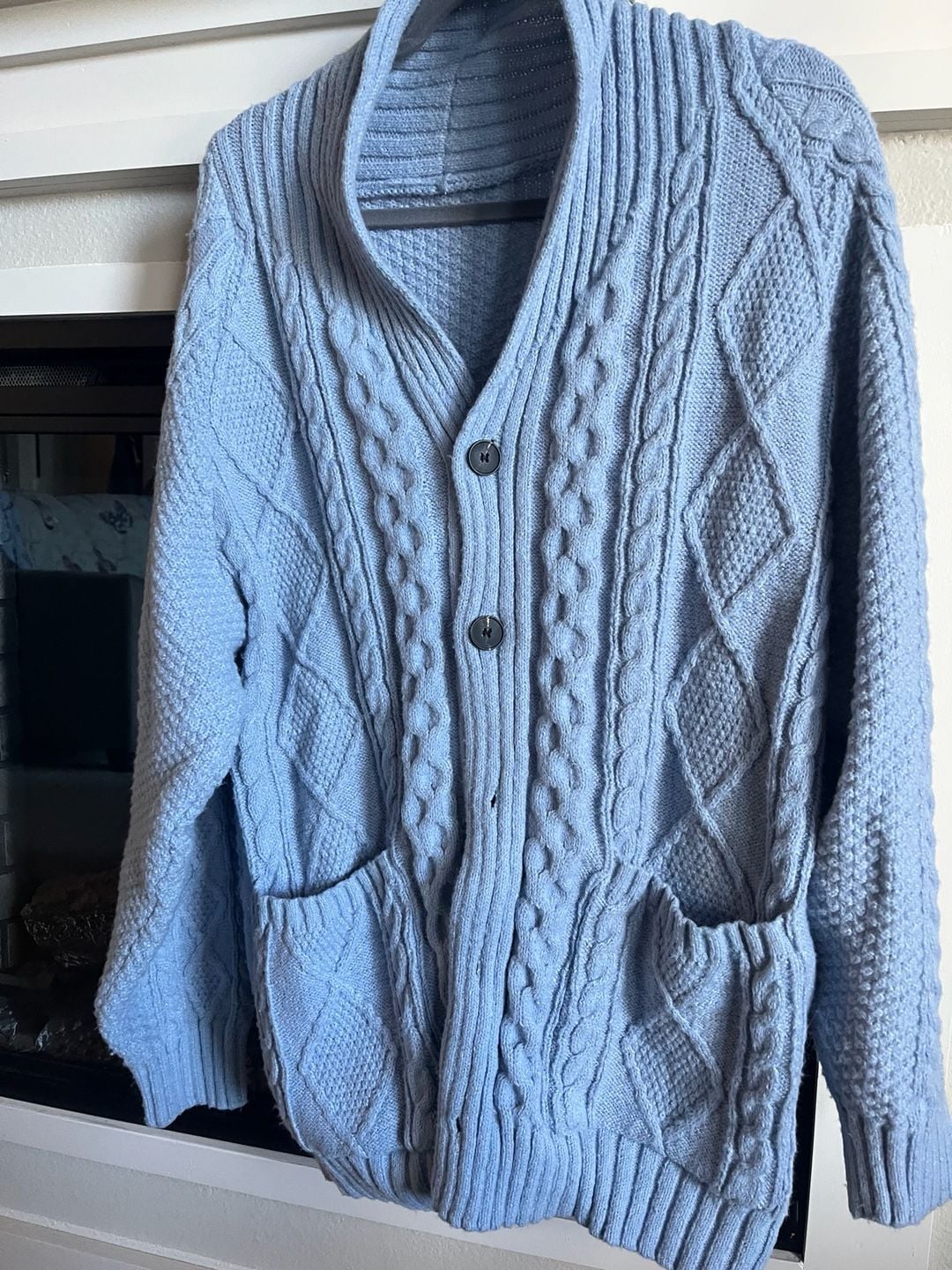 Cable Knit Shawl Collar Cardigan Blue 2