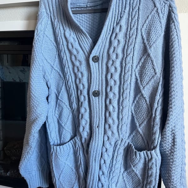 Cable Knit Shawl Collar Cardigan Blue