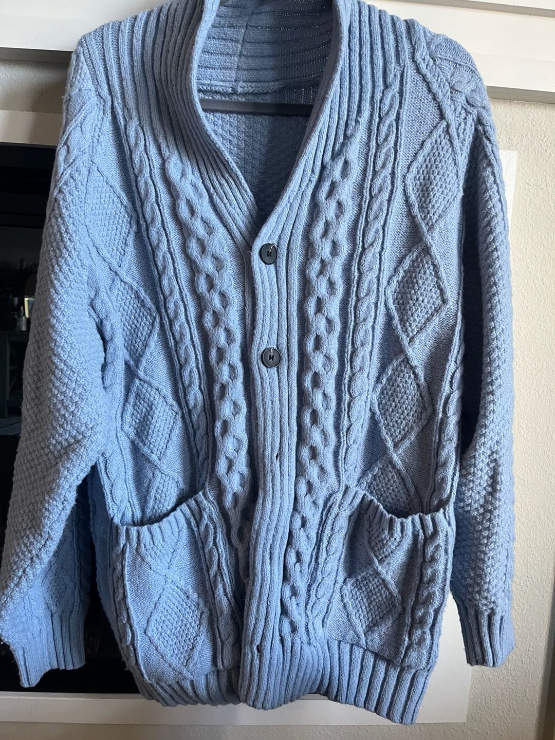 Cable Knit Shawl Collar Cardigan Blue 3