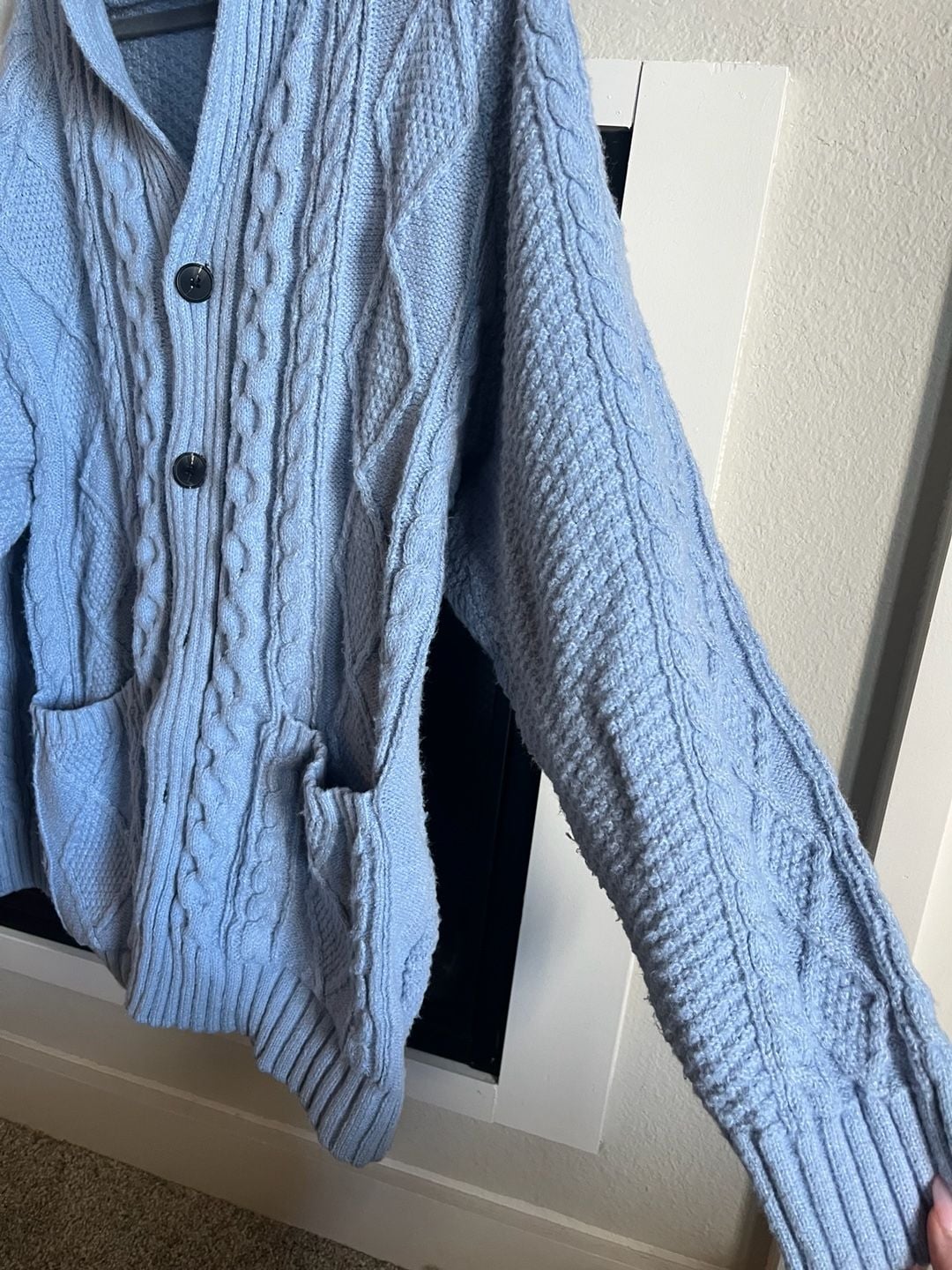 Cable Knit Shawl Collar Cardigan Blue 4