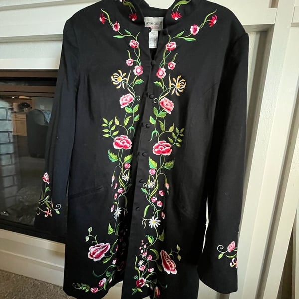 Victor Costa Occasion Floral Embroidered Jacket Size L Black