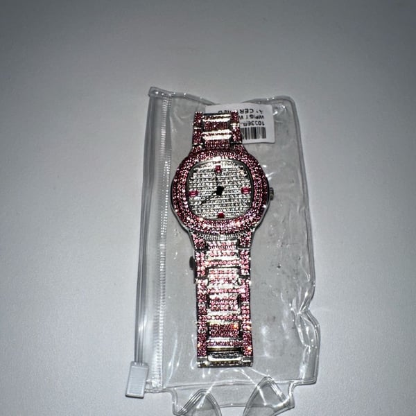 Ice Out Wrist Watch Pink Rhinestone Diamond Stainless Steel