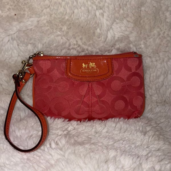 Coach Signature C Wristlet Coral Fabric Red Patent Leather Trim