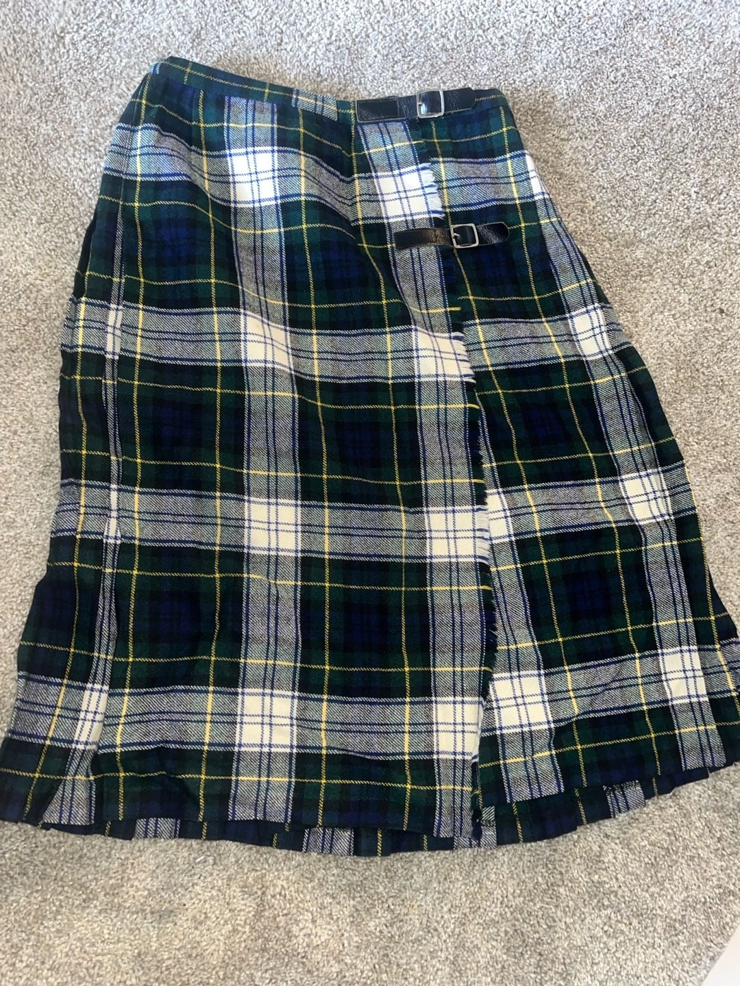 Browns of Bermuda Plaid Wool Kilt Wrap Skirt Green Tartan Leather Buckles 2