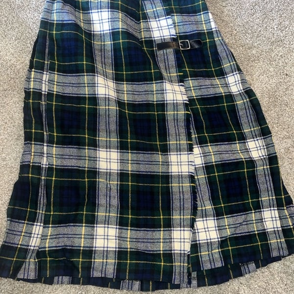 Browns of Bermuda Plaid Wool Kilt Wrap Skirt Green Tartan Leather Buckles
