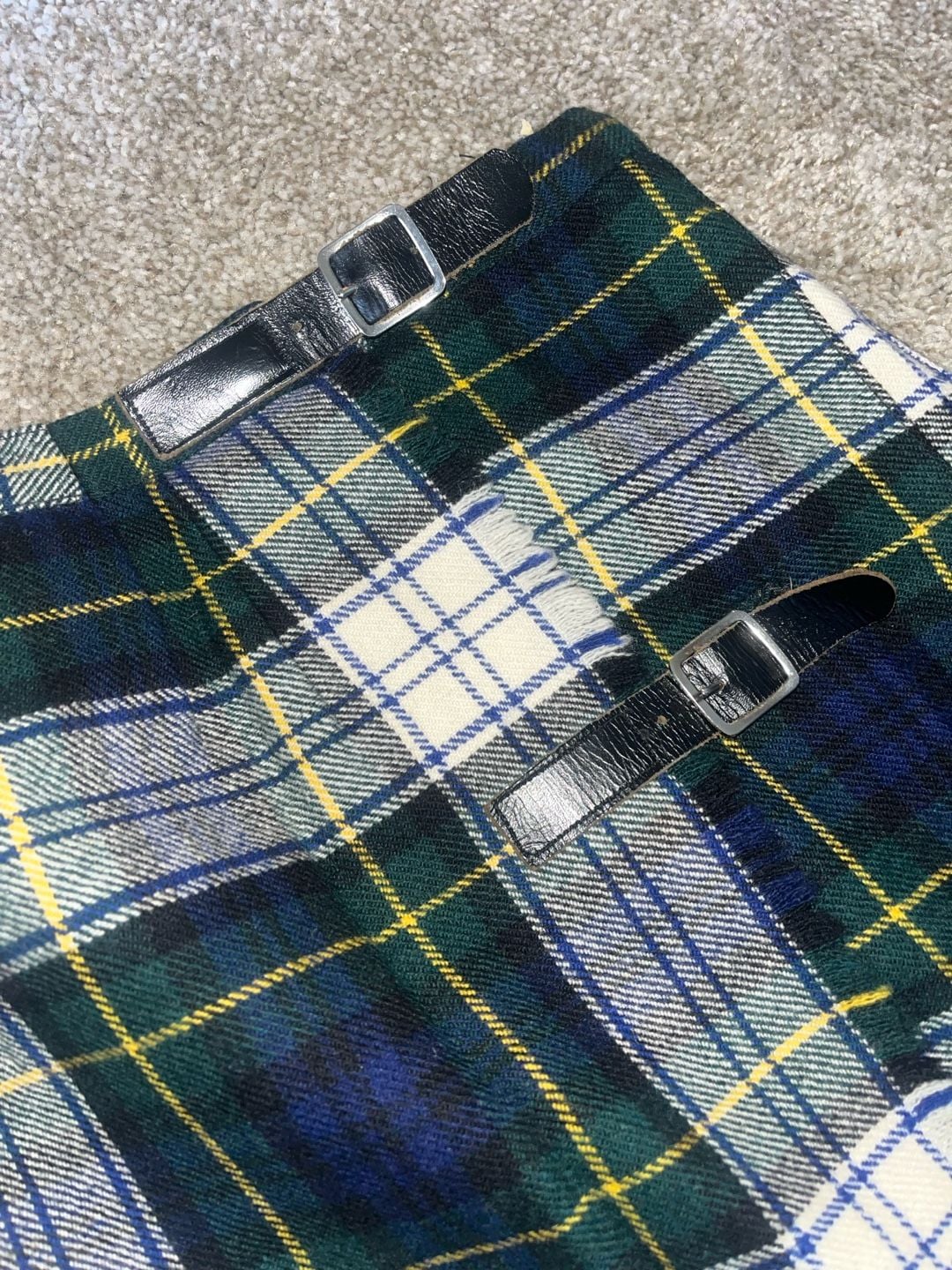 Browns of Bermuda Plaid Wool Kilt Wrap Skirt Green Tartan Leather Buckles 3