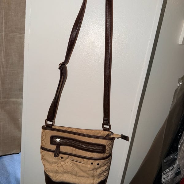 Jaclyn Smith Monogram Crossbody Bag Brown Tan Geometric Shoulder Purse