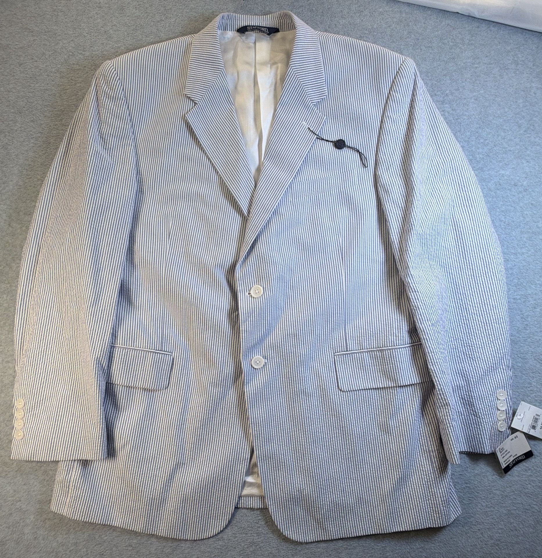 Stafford Seersucker Suit Jacket Size 44R Blue White Stripe Cotton Blazer 2