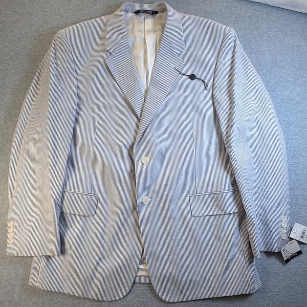 Stafford Seersucker Suit Jacket Size 44R Blue White Stripe Cotton Blazer
