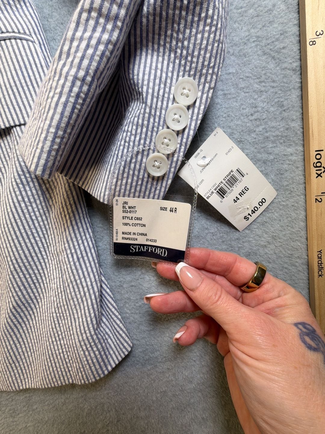 Stafford Seersucker Suit Jacket Size 44R Blue White Stripe Cotton Blazer 7