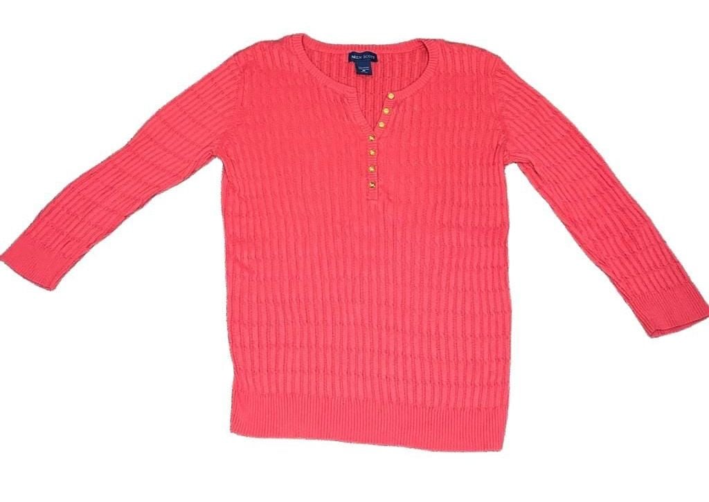 Karen Scott Cable Knit Henley Sweater Size M Red Cotton 2