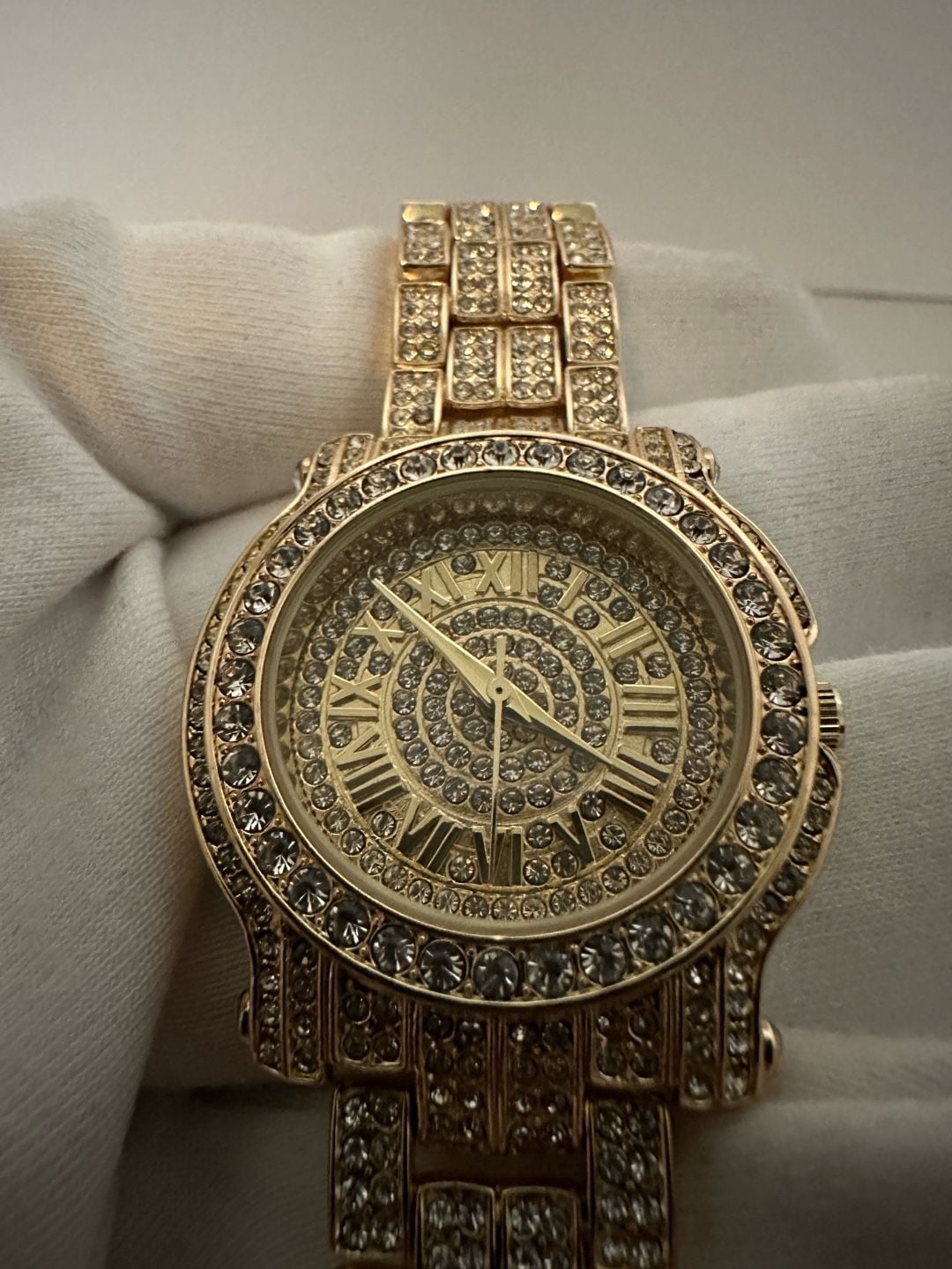 Ice Star Gold Tone Iced Out Rhinestone Roman Numeral Quartz Watch 4
