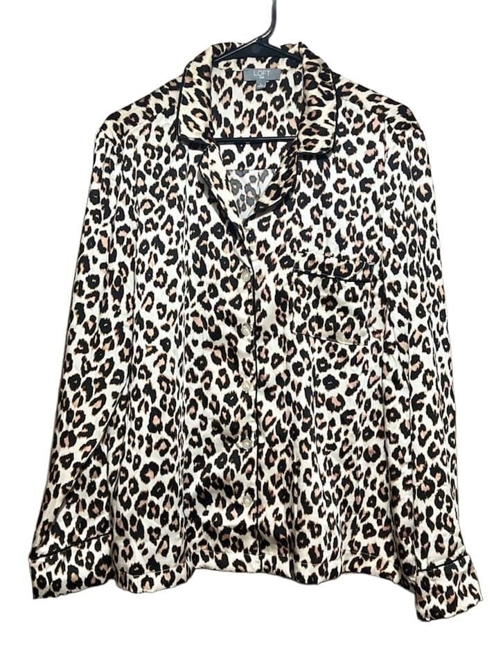 Loft Leopard Print Satin Long Sleeve Pajama Set Size XL 1