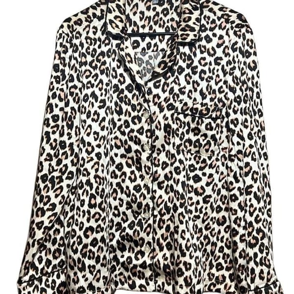 Loft Leopard Print Satin Long Sleeve Pajama Set Size XL